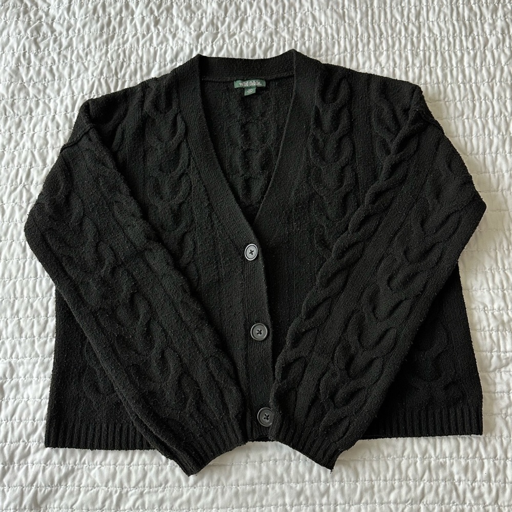 Black Cable Knit V-Neck Cardigan Sweater